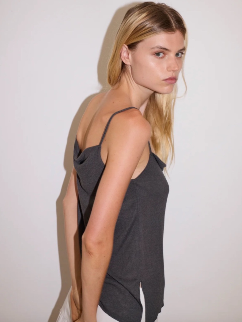 DEIJI STUDIOS The Split Top in Night Blue Fine Knit Tank Asymmetric Hem SS2024 S